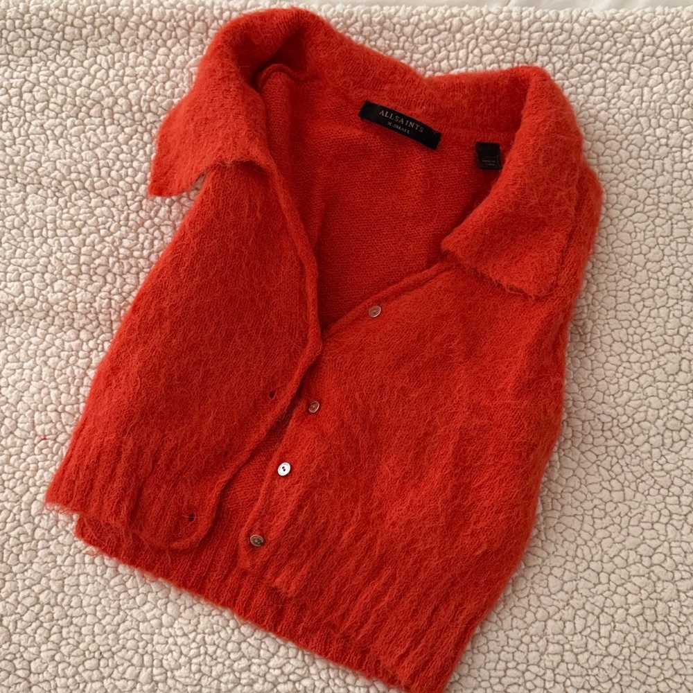 All Saints Cropped Coral Button-Up Cardigan